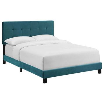 Amira Full Upholstered Velvet Bed, Sea Blue