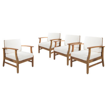 GDF Studio Pearl Outdoor Teak Acacia Wood Club Chairs With Cushion, Cream, Set of 4