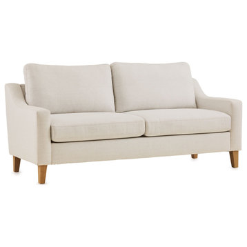 Retro Modern Sofa, Natural Oak Legs With Padded Seat & Sloped Arms, Oat