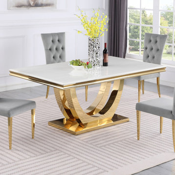 Trinidad White Rectangular Stone Dining Table, Gold