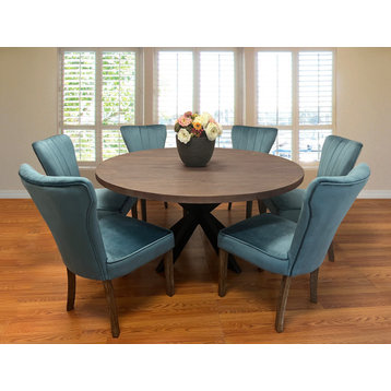Felix 7-Piece Dining Set With 60" Round Dining Table and 6 Teal Velvet Chairs
