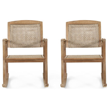 Uintah Outdoor Acacia Wood and Wicker Rocking Chair (Set of 2), Light Brown