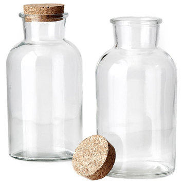 Set of 2 Clear Glass Bottle Vases with Cork Stoppers, 8" & 4"