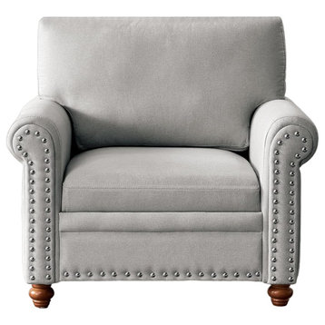 Traditional Accent Chair, Bun Feet & Polyester Seat With Nailheaded Arms, Gray