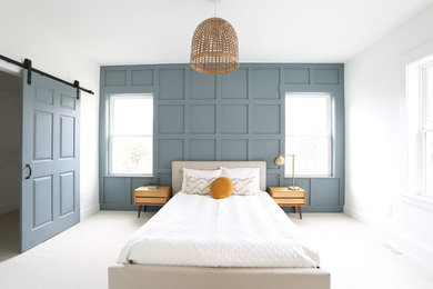 Example of a mid-sized arts and crafts master carpeted and white floor bedroom design in Cincinnati with white walls and no fireplace