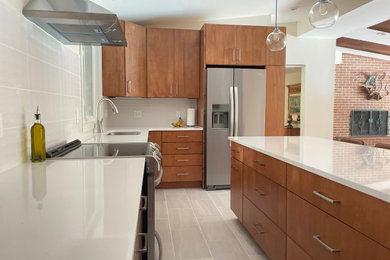 セントルイスにある高級な中くらいなミッドセンチュリースタイルのおしゃれなキッチン (フラットパネル扉のキャビネット、中間色木目調キャビネット、珪岩カウンター) の写真