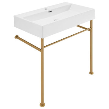 Wall Mounted Bathroom Sink, Brushed Gold Legs With Durable White Ceramic Basin