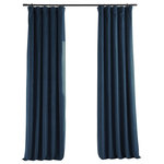 Half Price Drapes - Signature Midnight Blue Blackout Velvet Curtain Single Panel, 50"x96" - You will instantly fall in love with the Signature Midnight Blue Velvet Blackout Panel. These soft plush pile velvet panels will allow you to get restful sleep as they keep light out and provide optimal thermal insulation. They have a natural luster with a depth of color that creates a formal, polished look. Made of high-quality, poly velvet and soft flowing polyester blackout thermal lining. For proper fullness panels should measure 2-3 times the width of your window/opening. Bring your home design to its fullest and most stylish potential with the Signature Midnight Blue Velvet Blackout Panels.