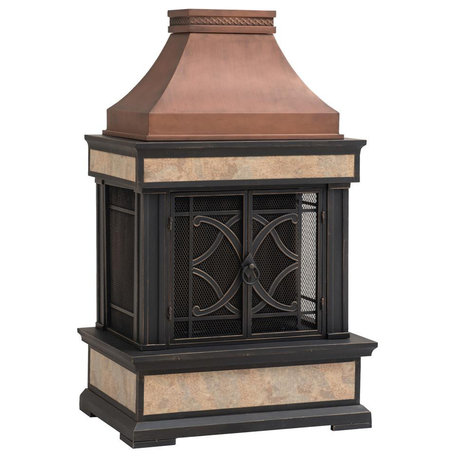 Smith Collection Outdoor Patio Wood Burning Steel Fireplace with Chimney