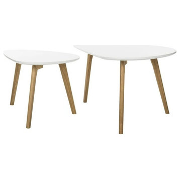 Contemporary Coffee Table, Double Design With Angled Legs, Natural/White Finish