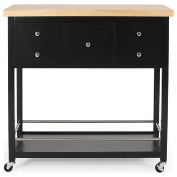 Contemporary Kitchen Island Cart, 3 Drawers & Natural Rubberwood Tabletop, Black