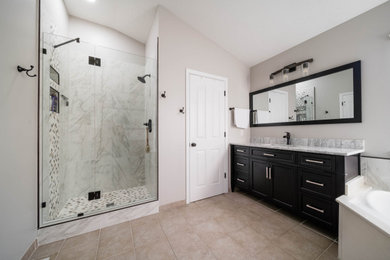 Bathroom - large contemporary single-sink bathroom idea in Cleveland with black cabinets, quartzite countertops, gray countertops and a freestanding vanity