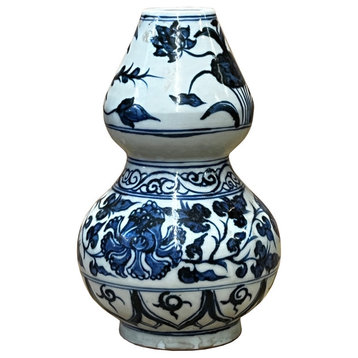 Chinese Blue White Porcelain Oriental Scenery Gourd Shape Vase Hws2983