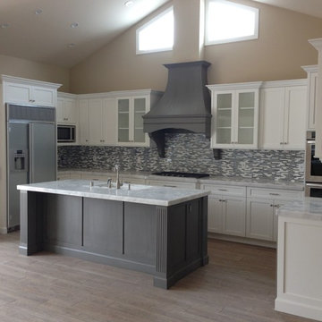 Shaker white kitchen fluted grey island