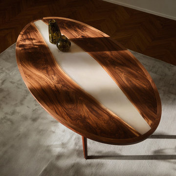 Custom Epoxy River Table-Black Walnut Oval Milk White Epoxy Table