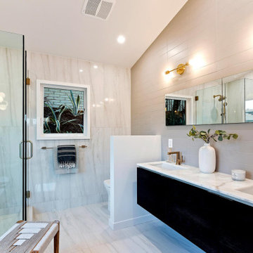 Brass Fixtures and Marble in Mid Century Master Bath
