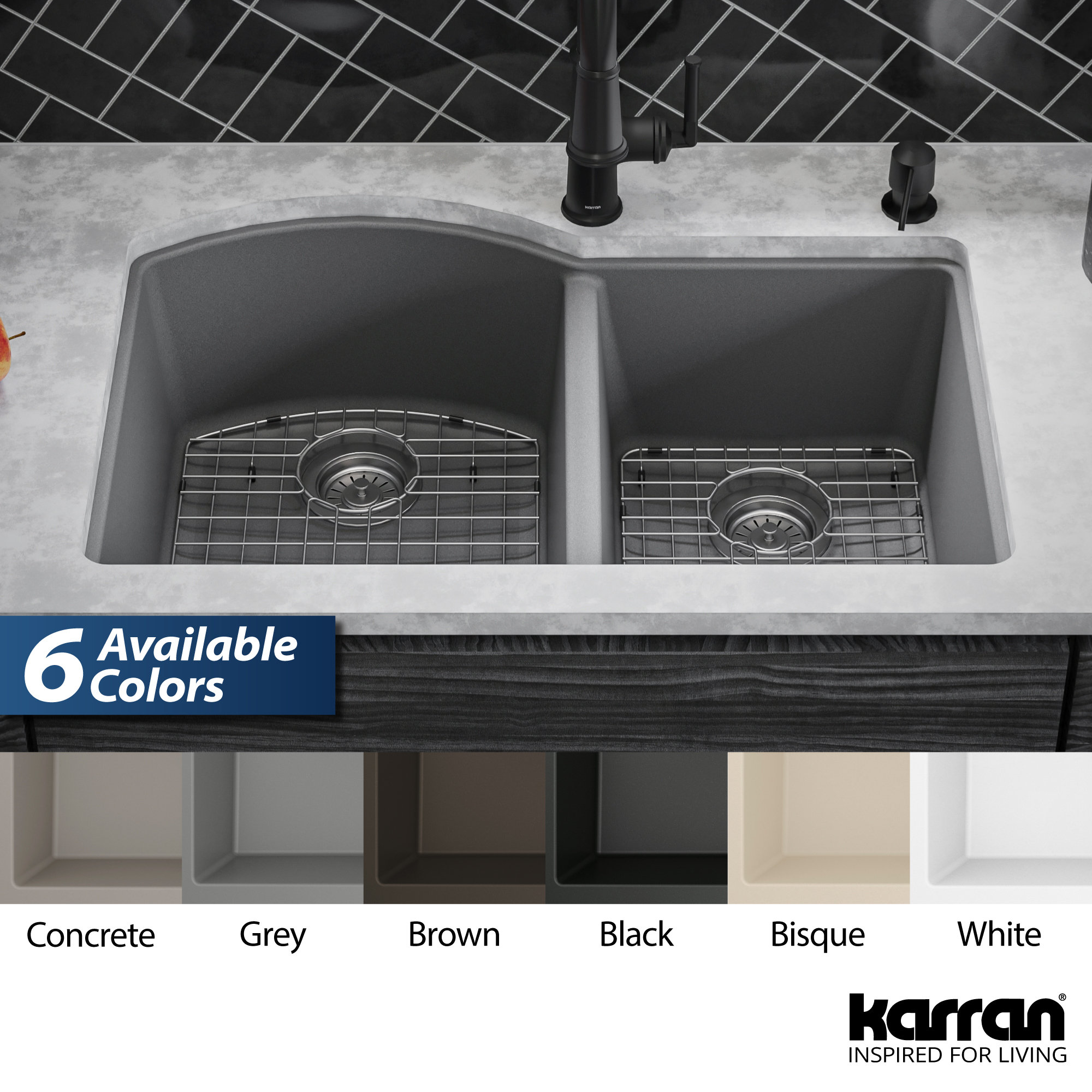 Karran Undermount Quartz 32" 60/40 Double Bowl Kitchen Sink Kit, Grey
