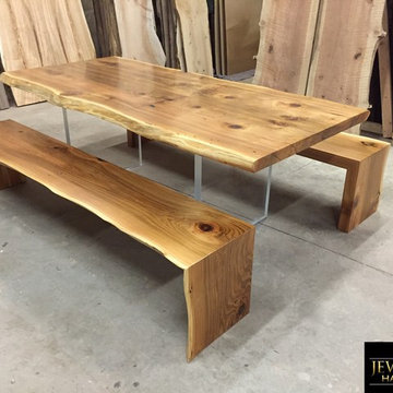 Live Edge Cedar Dining Table with Plexi-Glass Base & Matching Waterfall Benches