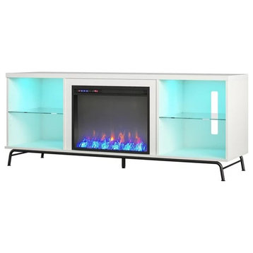 Elegant Fireplace Entertainment Center, Spacious Tempered Glass Shelves, White