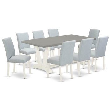 East West Furniture V-Style 9-piece Wood Dining Set in Linen White/Cement