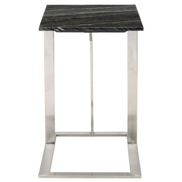 Dell Side Table Or End Table,Black Wood Vein Marble, Brushed Stainless