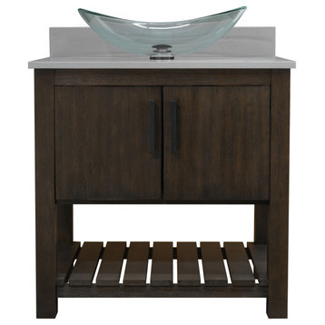 30" Vanity, Storm Grey Quartz Top, Sink, Drain, Mounting Ring, and P-Trap, Matte Black, Without Mirror