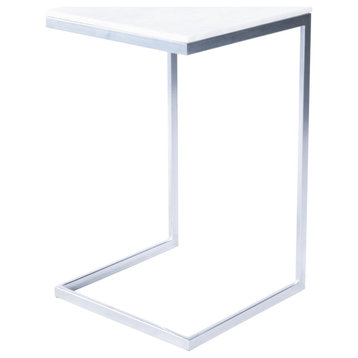 26" Silver and White Marble Square C Shape End Table
