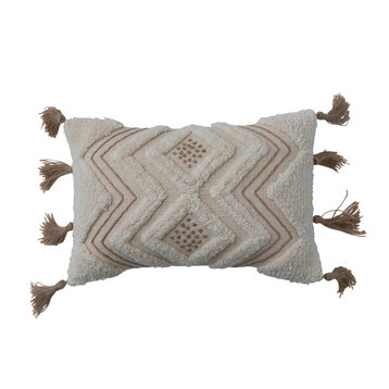 Boho Cotton Slub Lumbar Pillow with Embroidery and Tufting, Natural