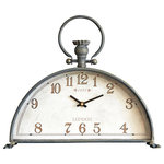 Melrose International - Mantle Clock 15"Lx13"H Metal/Glass (1 AA Battery, Not Included) - Antique look clock features a most unique handle atop its half moon shape. Face says "1885 London."