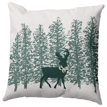 Christmas Green Reindeer Through the Woods Polyester Throw Pillow, 16" x 16"