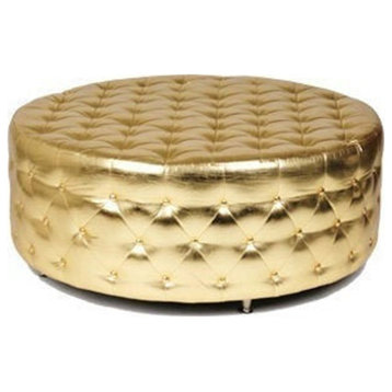 Gold Round Tufted Ottoman, Gold Faux Leather Ottoman