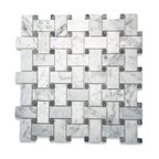 White Carrara Marble Basketweave Mosaic Tile Dark Gray Dots Honed, 1 sheet