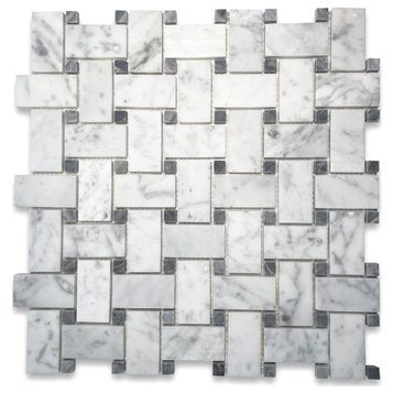 White Carrara Marble Basketweave Mosaic Tile Dark Gray Dots Honed, 1 sheet