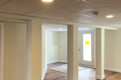 Mid-sized minimalist vinyl floor and brown floor basement photo in Portland Maine with beige walls