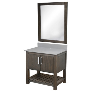 30" Vanity with Storm Grey Quartz Countertop and BackSplash, Chrome, Mirror Included