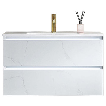 LED Lighted Bathroom Vanity With Ceramic Sink and Dimmed Light, Calacatta White, 36"