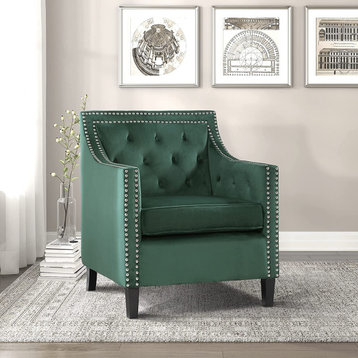 Traditional Accent Chair, Velvet Seat With Sloped Arms and Nailhead Trim, Green