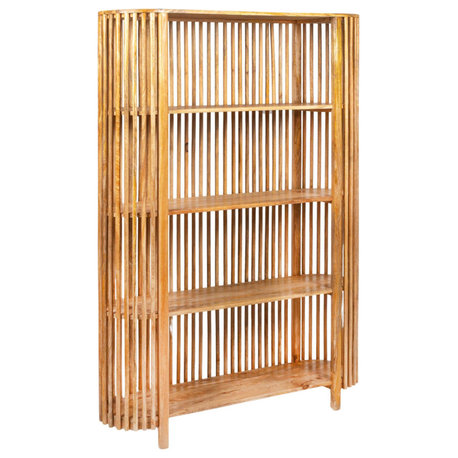 Mango Wood Slatted Bookcase With 4 Shelves, Natural