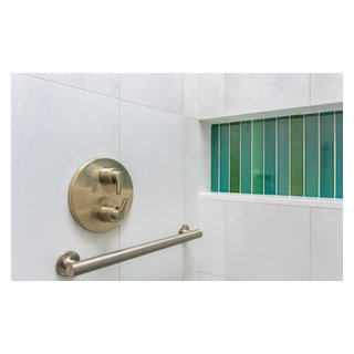 Brushed Nickle Bathroom Hardware Mounted on Large Format Tile in Shower ...