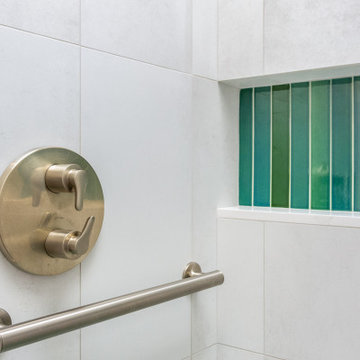 Brushed Nickle Bathroom Hardware Mounted on Large Format Tile in Shower Stall
