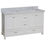 Kitchen Bath Collection - Paige 60" Bathroom Vanity, White, Carrara Marble, Double Sink - The Paige: beadboard styling for the modern bathroom. The decorative wood paneling adds a subtle beachy flair that's hard to resist!