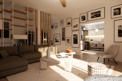 Inspiration pour un salon beige et blanc design de taille moyenne et ouvert avec une bibliothèque ou un coin lecture, un mur beige, un sol en travertin, un poêle à bois, un téléviseur dissimulé et éclairage.