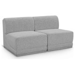 Meridian Furniture - Ollie Black Boucle Fabric Straight Modular Sofa, Grey, 2-Piece: 2 Armless Chair - Meet the epitome of style and functionality with this Ollie boucle fabric living room sofa, part of the Ollie modular collection. A contemporary marvel, this sofa features chic and inviting rich grey boucle fabric upholstery, giving it a sumptuous texture that oozes elegance and luxury. Curved corners add to the visual look of the sofa while maximizing seating comfort while lounging, reading, or entertaining. Pair it with other items in the Ollie collection easily, thanks to an attachment latch underneath.