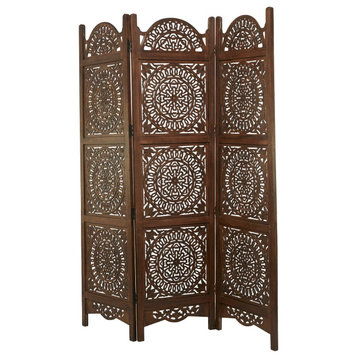 Classic Room Divider, Wooden Panels With Unique Carving Details, Brown/3 Panels