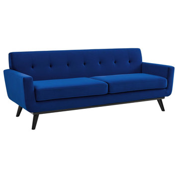 Retro Sofa, Black Wood Legs & Cushioned Seat With Angled Track Arms, Navy