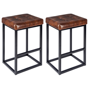 Set of 2 Button Tufted Faux Leather Counter Stools, Dark Brown, 28 in