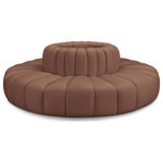 Meridian Furniture - Arc Upholstered Outward Curved Modular Sectional, Cognac, 8-Piece: 8 Reverse Corner, Vegan Leather - Unleash modern opulence with the Arc Vegan Leather 8pc. Sectional. Crafted for the modern connoisseur, this Sectional injects an air of refined luxury into any space. Its sleek silhouette, upholstered in supple cognac vegan leather, exudes timeless sophistication while the deep channel tufting adds textural intrigue, further elevating the chair's visual appeal. The modular design makes it a versatile chameleon, effortlessly adapting to your evolving needs and preferences. Whether you envision it gracing a chic living room corner, basking in the glow of a bedroom window, or adding a touch of drama to a home office, the Arc seamlessly complements your unique interior aesthetic.