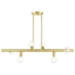 Livex Lighting - Satin Brass Modern, Urban, Scandinavian, Linear Chandelier - Simplicity and attention to detail are the key elements of the Bannister collection.  The dimensional form, exposed bulbs and combination of finishes adds a playful mood to a contemporary or urban interior. This six-light asymmetrical linear chandelier design gives a new face to a kitchen or dining room.  It is shown in a satin brass finish.
