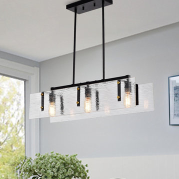 3-Light Black and Antique Gold Pendant Light With Verre Strie Glass