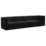 Meridian Furniture - Quincy Velvet Upholstered 4-Piece Modular Sofa, Black - Show them all that less is more with the minimalist look of this Quincy velvet cloud-like comfort modular sofa. This elegant chair features a simple design that's all about comfort and modern style. The soft black velvet upholstery is sleek to the touch, and the back of the unit features deep horizontal channel tufting for a look that wows. Because this is a modular seating option, you can pair it easily with other items in the Quincy collection to create a look you love. Latches underneath make it easy to mix and match items from the collection.